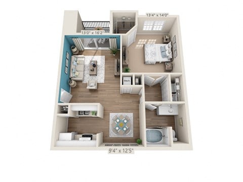 Floor plan for 1 bed, 1 bath, 798 sqft